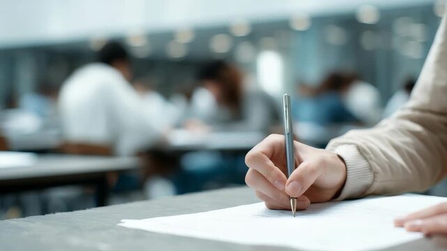 Close up of a student hand writing with a pen on paper during an exam in a large classroom. Focused atmosphere with blurred background of other students taking a test in an academic setting