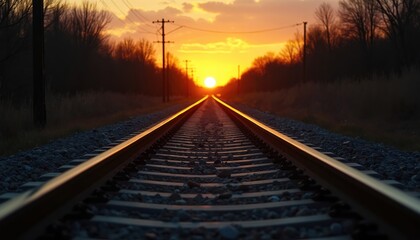 Fototapeta premium Train tracks stretch toward a bright orange sunset horizon. Railroad lines lead into distant landscape with bare trees and power poles. Endless journey.