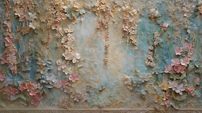 Intricate Floral Bas-Relief Wall Art, A stunning pastel-toned bas-relief featuring intricate floral patterns and blooming vines, perfect for elegant and artistic designs.