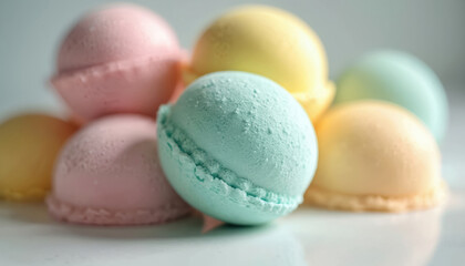 Obraz premium Pastel colored bath bombs are piled together. Round bath fizzies in pink yellow blue and orange create a soft clean aesthetic. Used for bathing relaxation or spa.