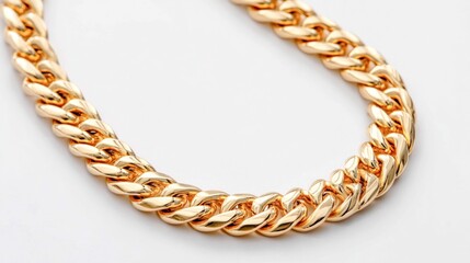 Obraz premium Close-up of a thick, polished gold curb chain necklace on a white background