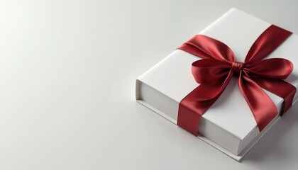 Obraz premium White book with red ribbon bow tied around it rests on a plain white surface. Generous copy space is available on the left side of the frame. This image suggests giving a book as a thoughtful present.