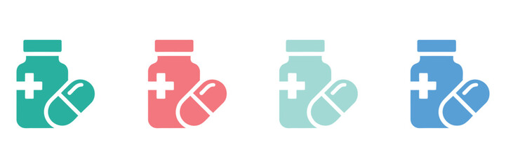 Obraz premium A bottle of medicine pill icon set, medical capsule prescription with cross sign, healthcare pharmacy symbol collection