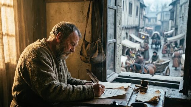Scribe man writing historic document with quill by open window overlooking a medieval market street