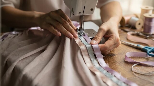 Midframe view of a person carefully sewing decorative ribbons along the hem of a blouse creating a stylish and feminine finish.