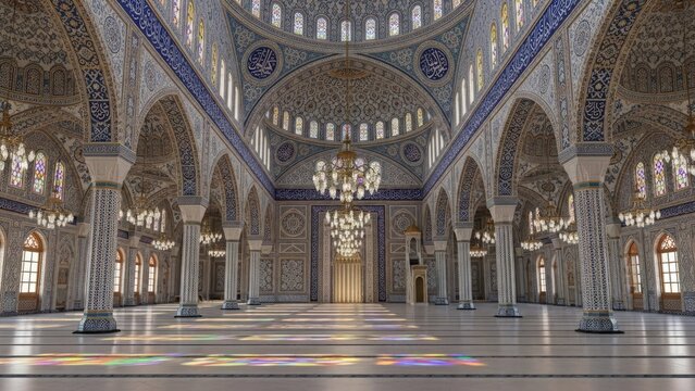 Grand interior of a mosque with ornate blue and white tilework, large chandeliers, and colorful light patterns on the