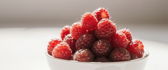 Fresh raspberries piled high in a white bowl, bathed in soft natural light