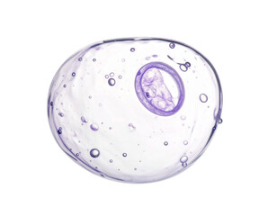 Egg anime villain under a microscope showing a transparent sphere with purple nucleus and surrounding microbubbles