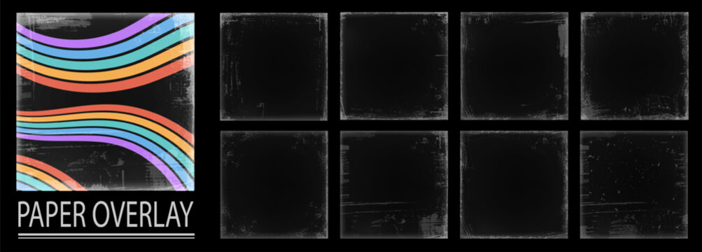 Square monochrome overlays with worn, dusty and grainy texture. Includes crease, wrinkle, splatter, vignette and torn border effects for poster, album cover or graphic design.