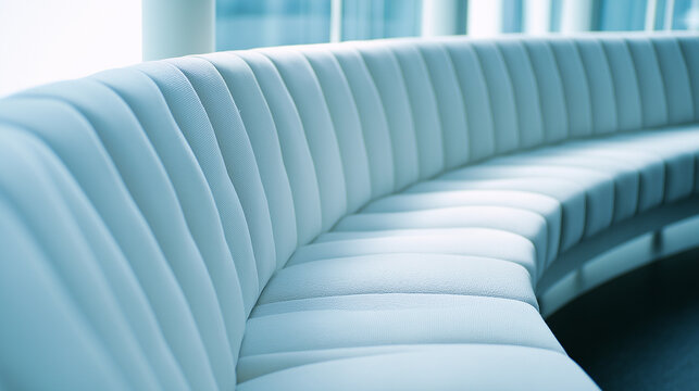 contrapositive. A minimalist, flowing arc of upholstered seating on a blurred neutral background. real-estate listings.