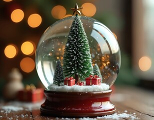 Fototapeta premium Snow globe holds miniature winter scene with evergreen trees and red gift boxes. Gentle snowfall inside glass orb, festive holiday decor on wooden table. Golden bokeh lights add magic.