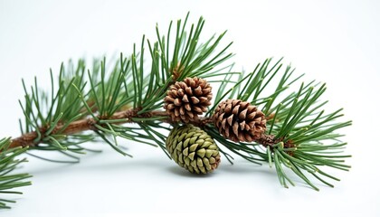 Fototapeta premium Pine branch with green needles and brown cones. Isolated on a clean white background. Natural botanical detail for winter holidays or forest themes.