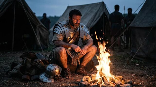 Ancient roman legionary in armor sitting by campfire in war camp at night. Roman soldier resting and warming near a bonfire.