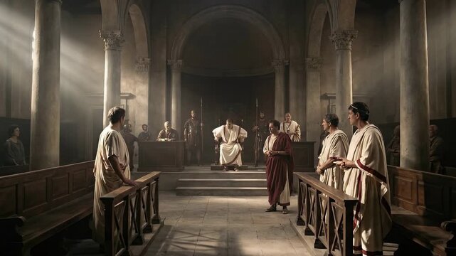 Man in ancient Roman toga making a statement in a court or assembly hall, addressing a seated authority figure and other men.