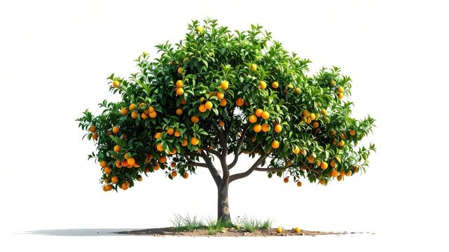 A fruit tree laden with oranges stands isolated on a white background