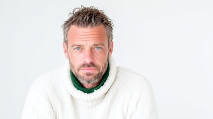 Obraz premium A contemplative man with tousled hair and blue eyes dressed in a knitted sweater, gazing thoughtfully into the distance showcasing expressions of depth and emotion.