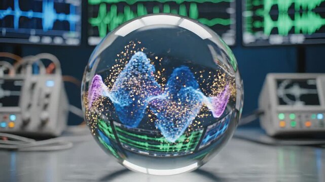 Dynamic digital waveform in crystal sphere on laboratory table with oscilloscopes. Concept of sound analysis and data visualization.