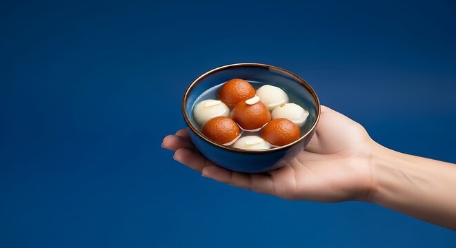 hand holding a gulab jamun dessert bowl