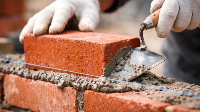 Close-up of Skilled bricklayer laying bricks with trowel on construction site.

