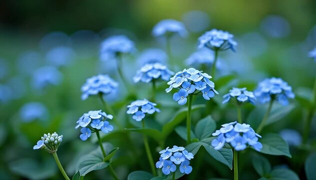 A forget me not plant with clusters of small blue flowers blooming densely in a shady garden bed 