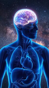 Human Body with Glowing Brain and Visible Organs Against a Cosmic Background.