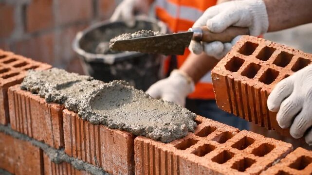 Close-up of bricklayer laying bricks with mortar on a construction site.
