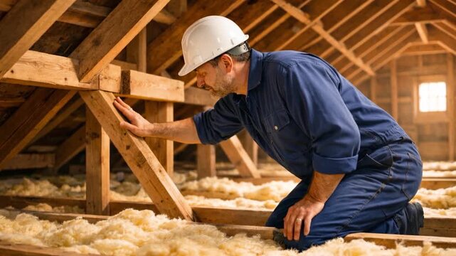 Worker inspecting insulation in a residential attic.

