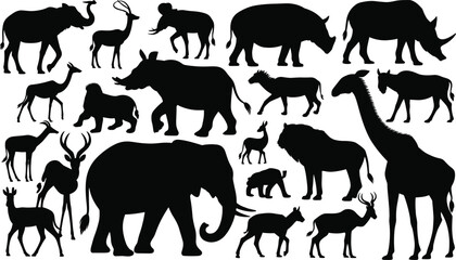 African safari animal silhouettes set elephant giraffe lion rhino flat vector illustration isolated on white background wildlife collection