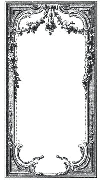 Antique vintage frame vector with floral garlands. Engraved decorative border with tambourine and trumpets for concert program or menu design.
