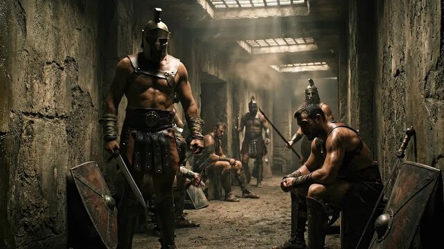 Spartan warrior with sword standing heroically while others rest and prepare for battle in a dim ancient stone corridor.
