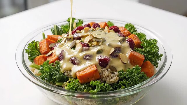 Pouring Salad Dressing Over a Fresh and Healthy Kale Salad with Sweet Potatoes and Berries.