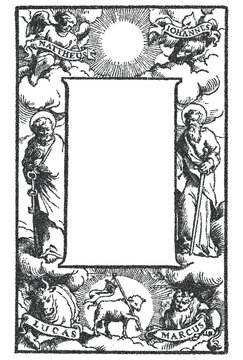 Antique religious woodcut frame vector. Vintage Bible title page with Saint Peter, Paul, and symbols of the Four Evangelists. Engraved Christian border for gospel or church design