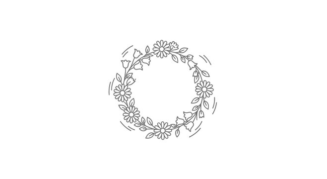 Hand-drawn floral wreath with daisies and leaves, circular frame, delicate botanical illustration