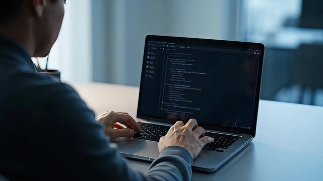Programmer Coding on Laptop in Modern Office Setting.