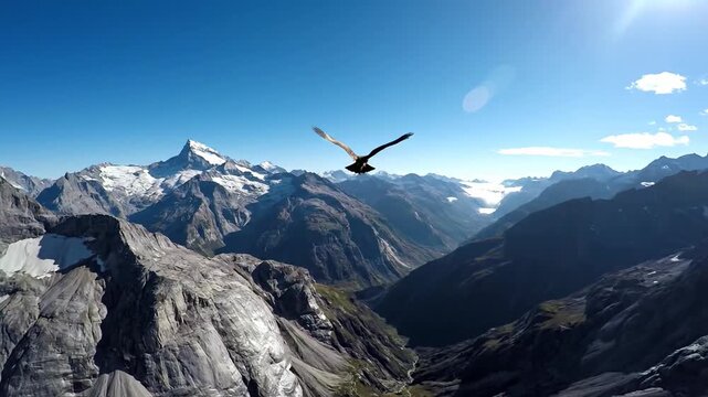 Majestic Eagle Soars High Above Rugged Mountain Peaks