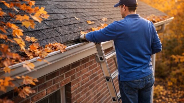 Man on ladder cleaning house gutter from leaves and dirt.

