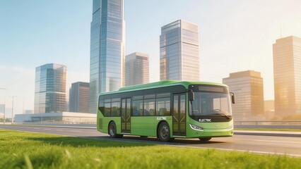 Green electric bus on city road
