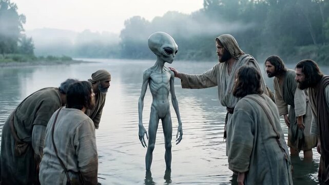 Biblical scene with many men baptizing an alien in river. Spiritual baptism and acceptance of an extraterrestrial being. Interstellar religion concept.