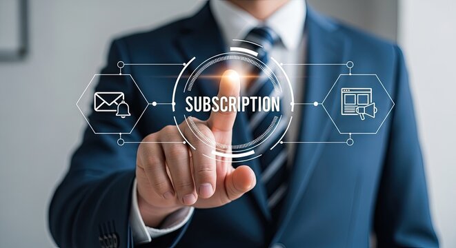 Businessman touching a holographic screen displaying SUBSCRIPTION with email notification and marketing icons.