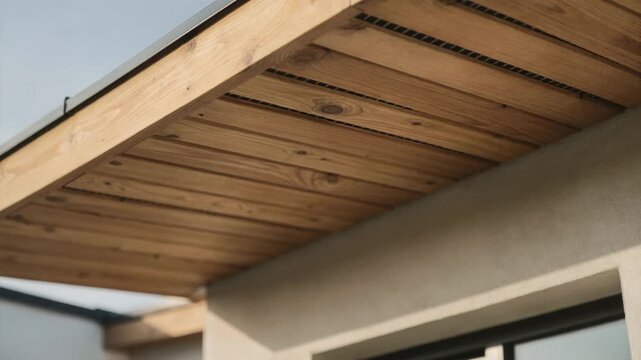 Close medium shot focusing on fireretardant treated wood soffits showcasing clean edges and airflow gaps designed for safer durable exterior eaves.
