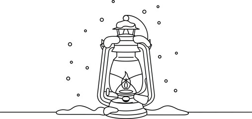 Vintage Lantern with Flame in SnowfallMinimalist Line Art