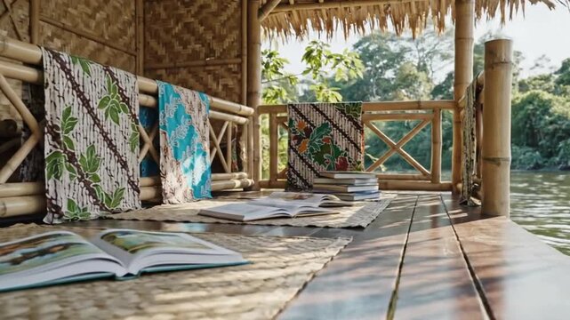 Cinematic 4K Riverside Learning Pavilion with Bamboo and Batik for Hari Kartini