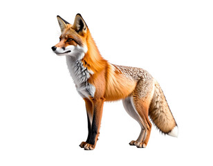 Fototapeta premium Fox standing with alert posture showcasing orange fur and white underbelly on clean white background