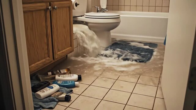 Clogged bathroom drain causes significant overflow in shared apartment, leading to water pooling in floor. 4k resolution video 30fps.