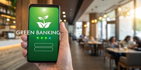 digital banking customer trends. A person holding a smartphone displaying a green banking app in a cozy cafe with people dining in the background.