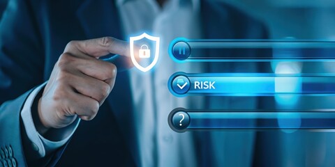 digital banking customer trends. Businessman interacting with digital security interface displaying risk management and protection icons.