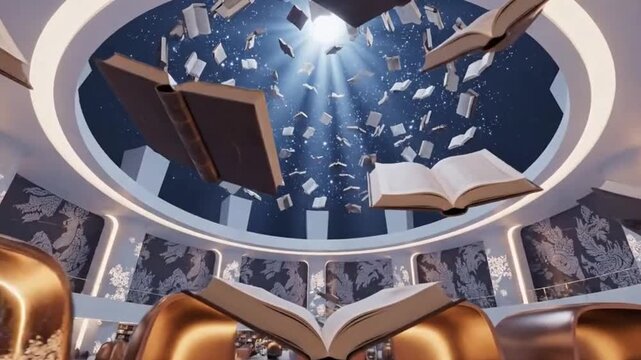 Cinematic 4K Symbolic Library Dome with Floating Books and Batik Light for Hari Kartini