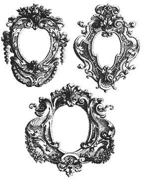 Antique baroque oval cartouche vectors. Vintage engraved ornate frames with floral scrollwork and acanthus leaves. Decorative borders for portrait or label design