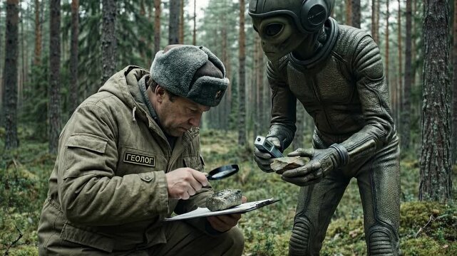 Geologist man studying stone with magnifying glass next to alien with device examining rock in forest. Sci-fi interaction and discovery concept.