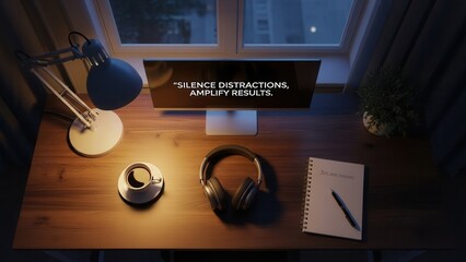 Fototapeta premium Focused Workspace with Headphones and Coffee